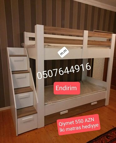 İkimərtəbəli uşaq çarpayıları: Oğlan və qız üçün, Yeni, Çarpayı, Matras ilə, Siyirməli, Laminat — 22