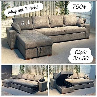 Divanlar: Künc divan – transformasiya olunan model - Rəng: boz - Ölçü: 3 m x — 1