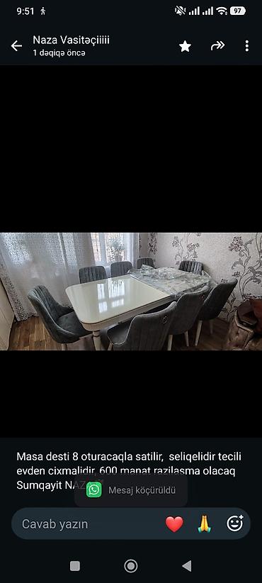 Masa desti 8 oturacaqla satilir, seliqelidir tecili evden cixmalidir