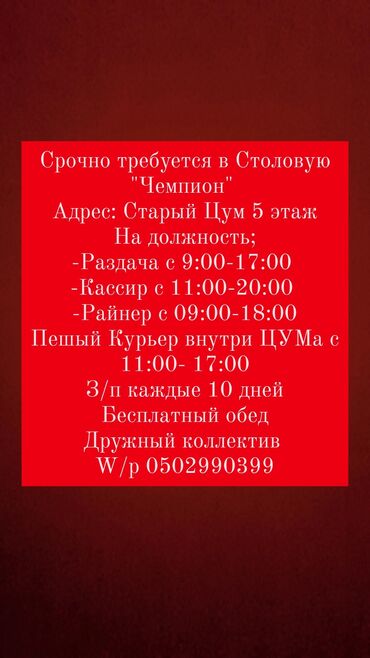 работа на официанта: Талап кылынат Официант Тажрыйбасы бир жылдан аз, Төлөм 10 күн сайын