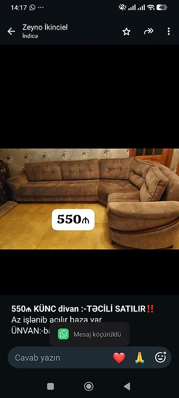 *550₼ KÜNC divan :-TƏCİLİ SATILIR*‼️ Az işlənib açılır baza var lalafo.az -da *550₼ KÜNC divan :-TƏCİLİ SATILIR*‼️ Az işlənib açılır baza var