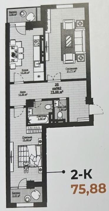 квартира 1 комнату: Строится, Элитка, 2 комнаты, 76 м²