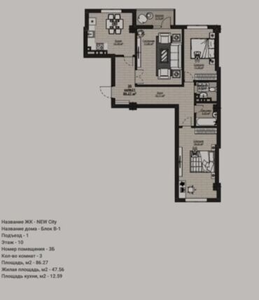 квартиры однушка: 3 комнаты, 86 м², Элитка, 10 этаж, ПСО (под самоотделку)