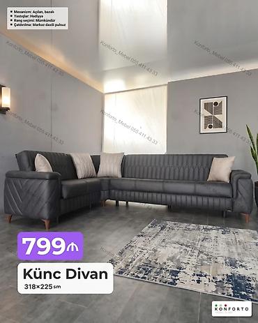 Divanlar: Künc divan – 318×225 sm • Mexanizm: açılan, bazalı (yataq funksiyası — 1