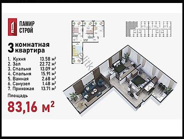 королевский: 3 комнаты, 83 м², Индивидуалка, 4 этаж, ПСО (под самоотделку) — 4