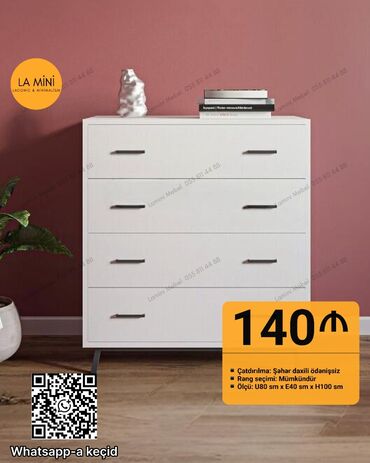 Çarpayılar: Dörd siyirməli, ağ rəngdə müasir komod. Minimalist dizaynı ilə