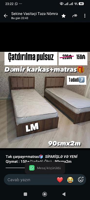 Мебель: *Tək çarpayı+matras🎁* _*SİFARİŞLƏ VƏ YENİ*_ *Qiymət : 150₼*(1ədədi) — 1