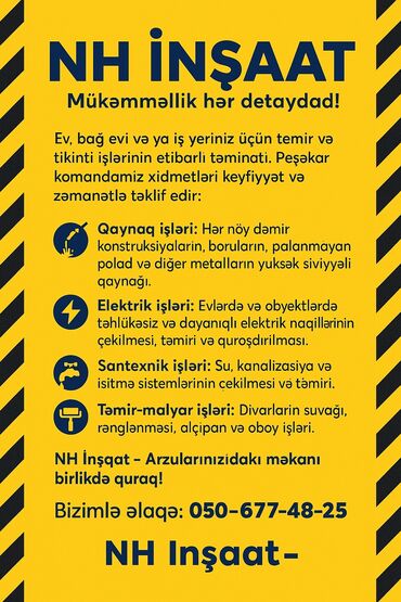 услуга ремонт генератора: NH İnşaat tərəfindən evlər, bağ evləri və iş yerləri üçün etibarlı