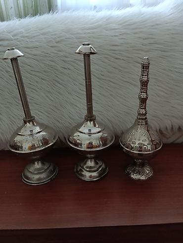 buxur: Məişət və dekor üçün 3 ədəd metal buxurdan dəsti.Gülabdan.Koroğlu m — 1