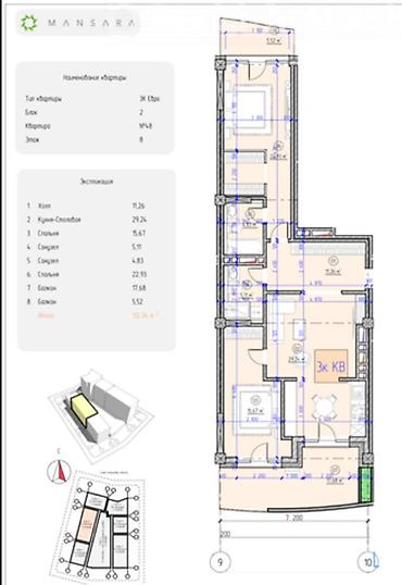 mansara: 3 комнаты, 110 м², Южная Магистраль Элитка, 8 этаж, ПСО (под самоотделку) — 3