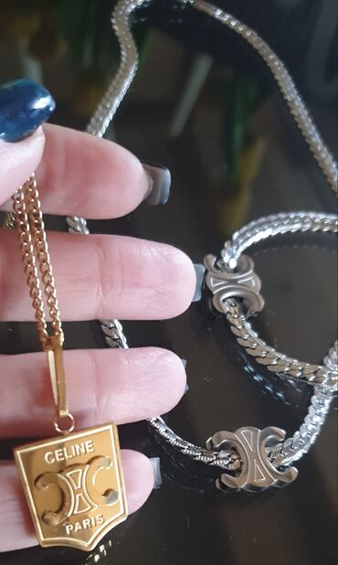 choker: CELINE ogrlica zlatna, duža sa priveskom i komplet lanac deblji choker