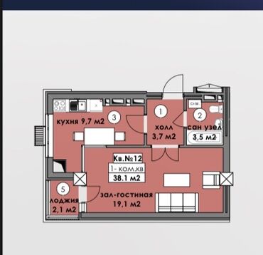 квартира көлмө: 1 бөлмө, 38 кв. м, Элитка, 12 кабат, ПСО (өзү оңдоп түзөтүп бүтүү үчүн)