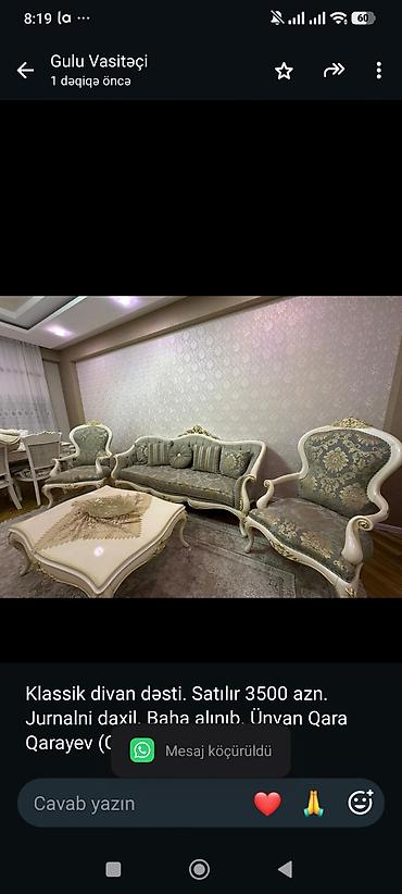 Klassik divan dəsti. Satılır 3500 azn. Jurnalni daxil. Baha alınıb lalafo.az -da Klassik divan dəsti. Satılır 3500 azn. Jurnalni daxil. Baha alınıb