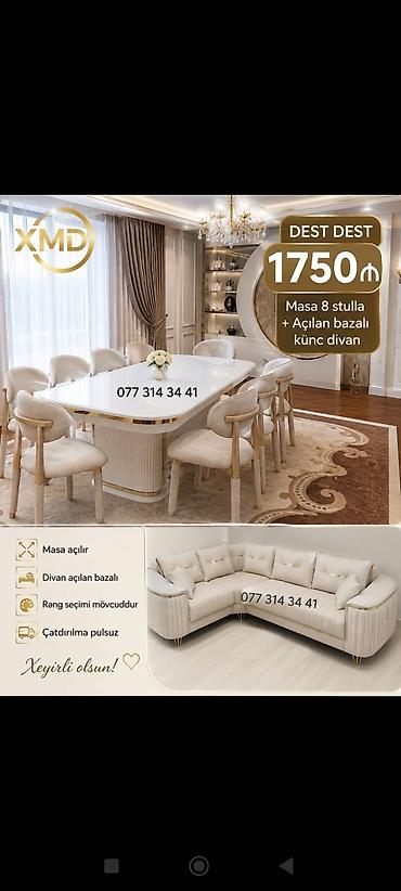 kravat taxt: XMD brendindən dəst: yemək masası, 8 ədəd stul və açılan bazalı künc — 1