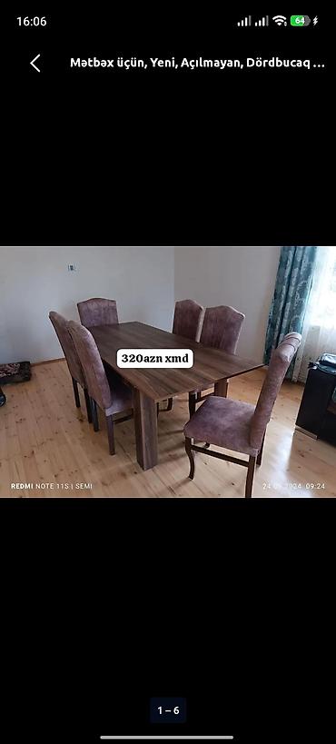 ofis ustolu: Mətbəx üçün, Yeni, Açılmayan, Dördbucaq masa, 6 stul — 1