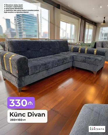 Künc divan – 260×160 sm Xüsusiyyətlər: - Mexanizm: açılan, bazalı