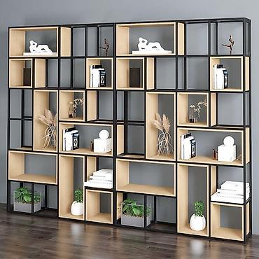 Rəflər: Məhsul: Metal karkaslı modul rəf/divar bölücü Təsvir: - Qara toz boya — 2