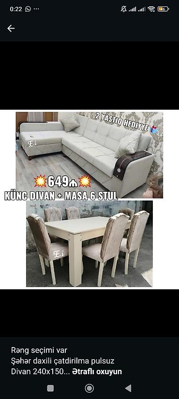 stol stul desti: Künc divan + yemək masası və 6 stul komplekti - Komplekt: künc divan — 1