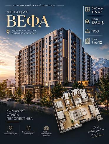 квартира балыкчы купить: 3 комнаты, 116 м², Вефа ТЦ Элитка, 7 этаж, ПСО (под самоотделку) — 1