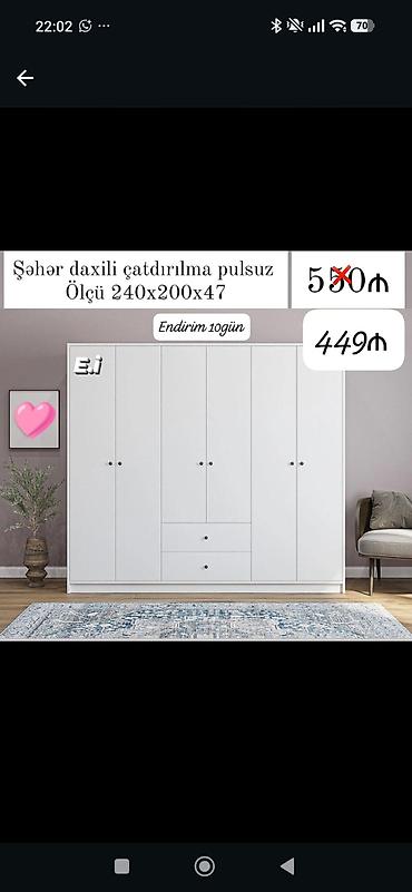 Ağ rəngli 5 qapılı dolab - Ölçü: 240 x 200 x 47 sm - Ön hissə: 5