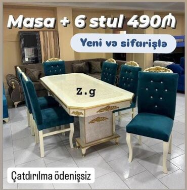 taxt dəsti: *💢Masa Dəsti 💢 *Yeni və sifarişlə💢* ◻️Masa + 6 stul 💫490Azn ◻️Masa