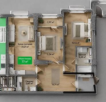 3 комнаты, 77 м², Пишпек Элитка, 12 этаж, ПСО (под самоотделку)