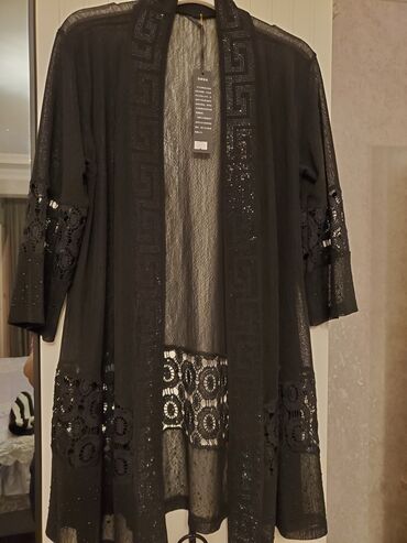 oversize jaket: Qara şifon kardiqan/kimono - Rəng: qara - Uzun kəsim, açıq önlü -