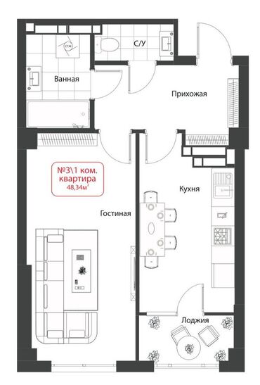 квартиры в бишкеке в рассрочку: 1 комната, 48 м², Элитка, 5 этаж, ПСО (под самоотделку)