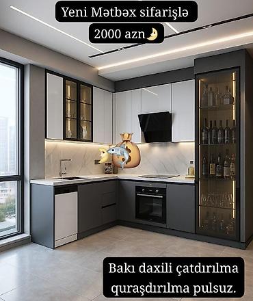 işıq lampaları: Yeni mətbəx mebeli sifarişi – müasir dizaynlı L formalı komplekt — 1