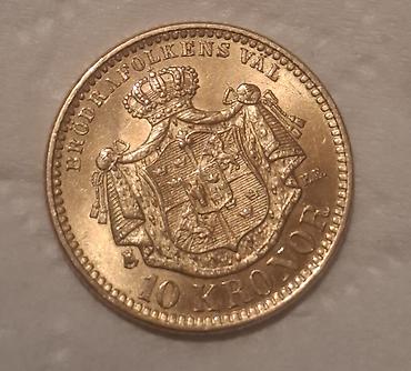 часы м6: Золотая монета Швеции 10 kronor (крон), год 1901. - Аверс: профильный — 2