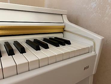 Клавишные инструменты: Rəqəmsal pianino – ağ korpus, qızılı dekor xətti ilə. Ön paneldə — 1