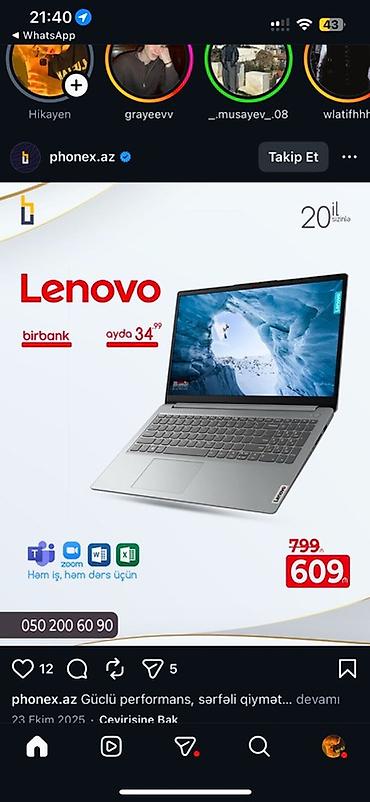 Ноутбуки и аксессуары: Lenovo noutbuk - Korpus: gümüş rəngli, nazik çərçivəli ekran, tam — 4