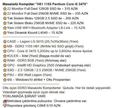 Masaüstü kompüterlər və iş stansiyaları: Masaüstü Kompüter "H61 1155 Pentium Core i5 3470” ⭐22 Monitor Full -da lalafo.az — 2 Masaüstü kompüterlər və iş stansiyaları: Masaüstü Kompüter "H61 1155 Pentium Core i5 3470” ⭐22 Monitor Full — 2