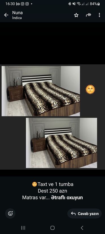 taxt doseklerinin satisi: 🌞Taxt ve 1 tumba
Dest 250 azn
Matras var
Unvan:Y.Yasamal
Alex64(nuna)