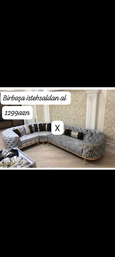 ev al: L-şəkilli dəbli künc divan - Rəng: boz (qızılı detallar) - Parça — 1