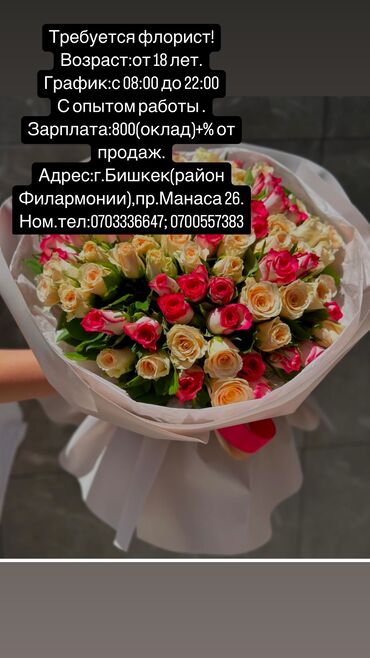 спецтехника из китая в бишкеке: Требуется флорист! Возраст:от 18 лет. График:с 08:00 до 22:00 С опытом