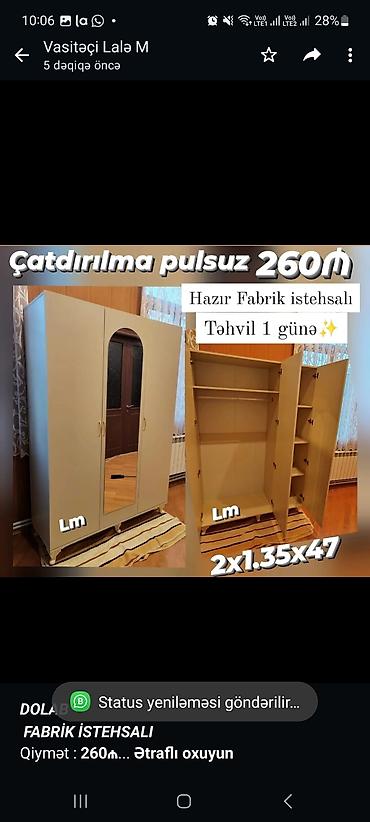 mebel skaf: *_dolab_* _*fabri̇k i̇stehsali*_ qiymət : *260₼* ölçü — 1