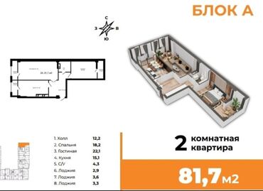 продоется 2 комнатная квартира: 2 комнаты, 82 м², Элитка, 2 этаж, ПСО (под самоотделку)