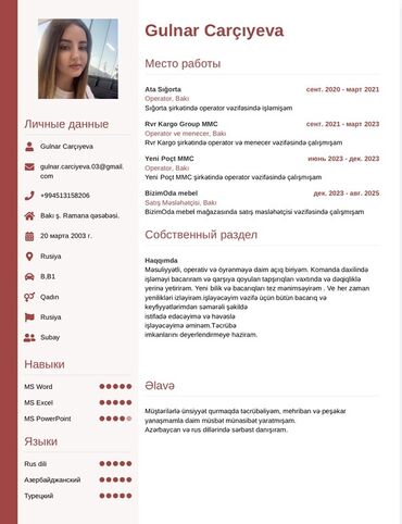 Строительные специальности: Operator, menecer, administraror işi axtarıram. Bütün məlumatlarım CV