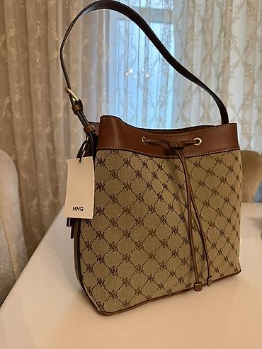 mango çanta: MNG çiyin çantası - Model: bucket tipli, üst hissədə dəri kənarlı — 1