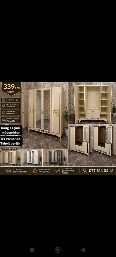 3 qapılı paltar şkafı – güzgülü, rəng seçimi mövcuddur - Ölçü: 1.60 m