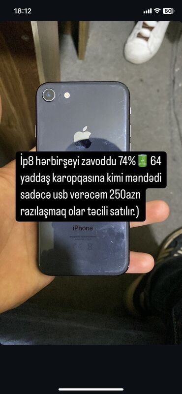 Apple iPhone: IPhone 8, 64 GB, Qara, Zəmanət, Barmaq izi, Simsiz şarj