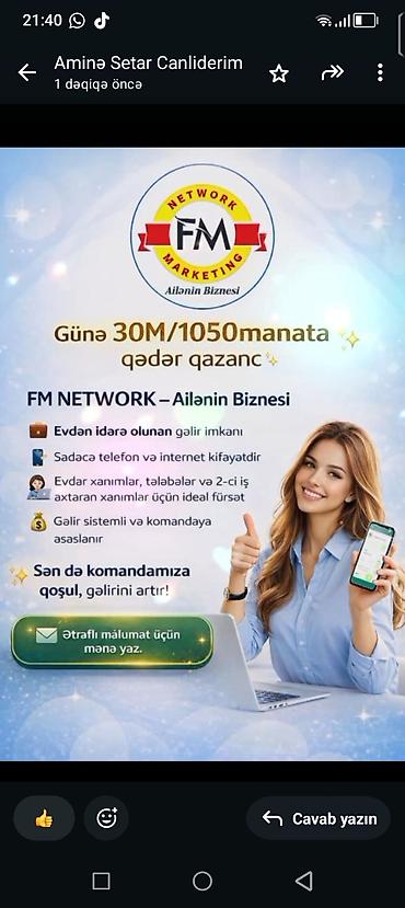 ofisiant vakansiya 2026: FM NETWORK – Ailənin Biznesi - Gündə 30M/1050 manata qədər qazanc — 1