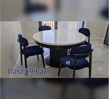 Yemək otağı üçün müasir masa-stul dəsti. - Dairəvi masa: parlaq