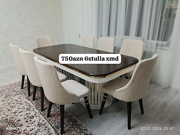 6 stul: - Yemək otağı dəsti: düzbucaqlı masa + 6 ədəd stul - Masanın üstü tünd — 1