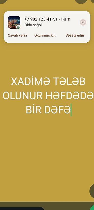 evə xadimə: Xadimə tələb olunur, 30-45 yaş, 3-5 illik təcrübə, 6/1, Həftəlik ödəniş — 1