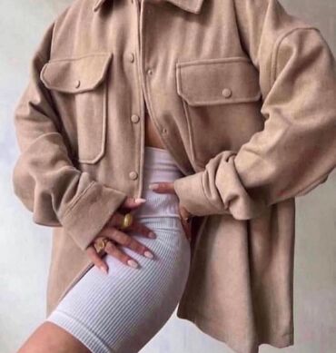 Верхняя одежда: Bej rəngli qadın oversize shacket (köynək-kurtka) - Model: uzunqol