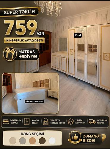 salon skafi: İki nəfərlik yataq dəsti – 759 AZN Matras hədiyyə! Dəst tərkibi: - — 1