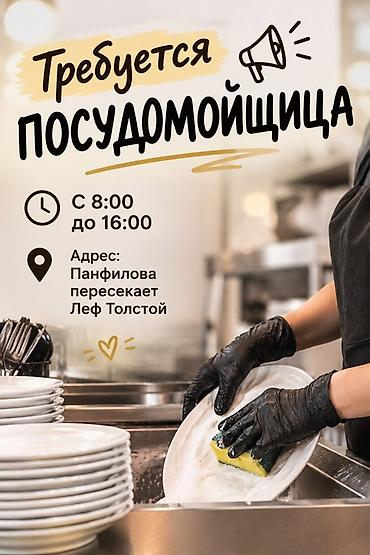 Вакансия: требуется посудомойщица. График: с 8:00 до 16:00. Адрес