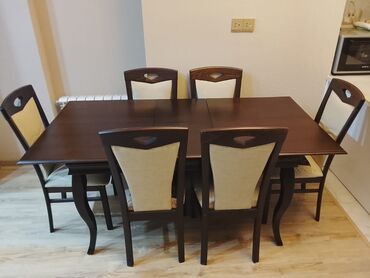 pip agaci: Qonaq otağı üçün, İşlənmiş, Açılan, Kvadrat masa, 6 stul